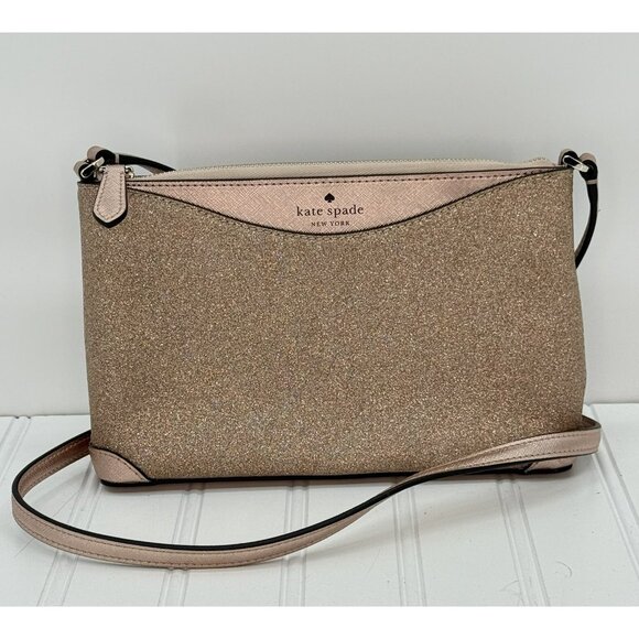Kate Spade Rose Gold Glitter Sparkle Crossbody Bag Gold Zip close New NWOT‎ - Picture 1 of 6